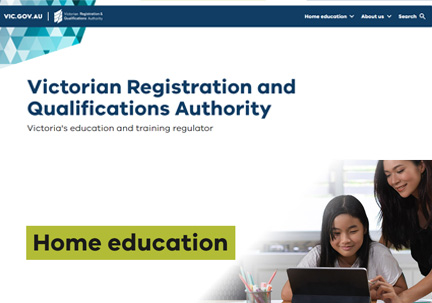 The new VRQA website interface with a banner that reads 'home education' and shows a woman and child at a computer.