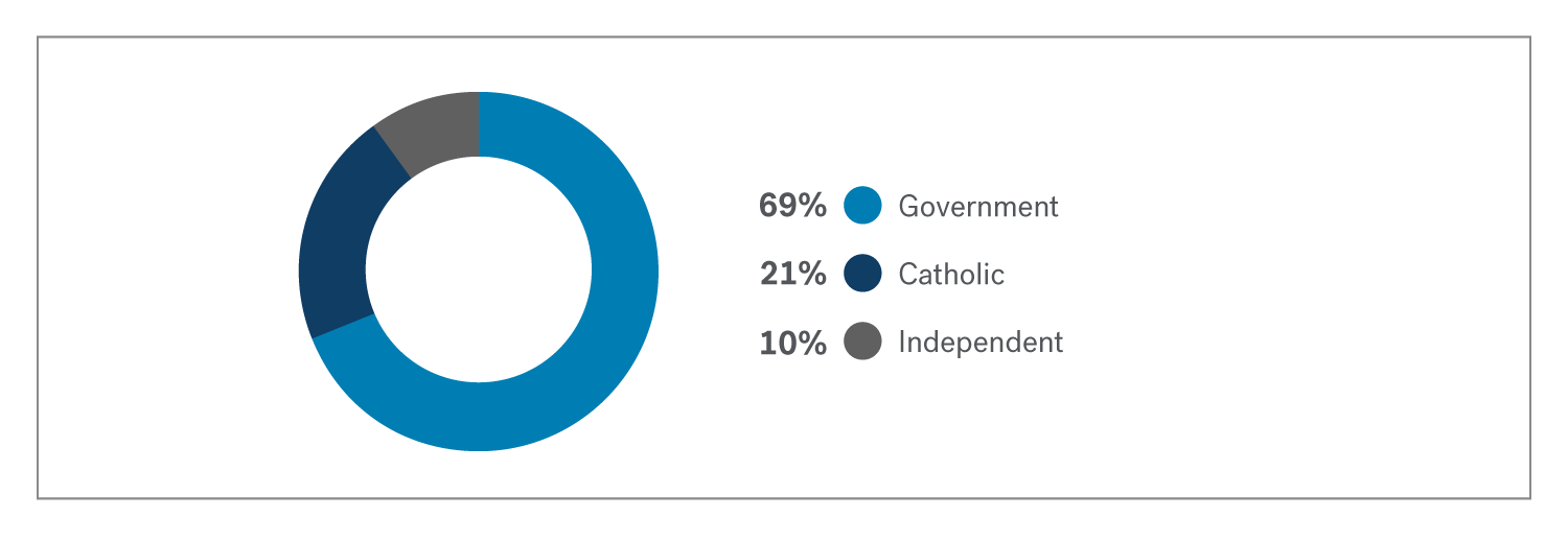 Pie chart showing that most registered schools are goverment schools